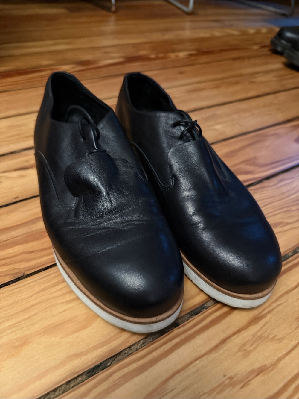 Rachel Comey Black Leather Slip-On Loafers with White Platform Sole